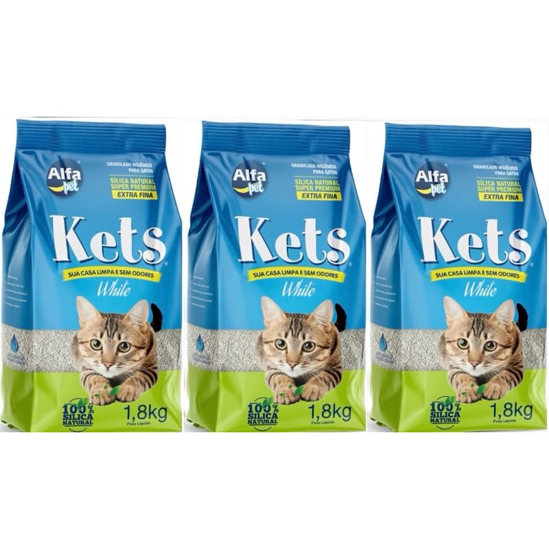 Kit C/ 3 Unds Areia Sílica Natural Sanitária para Gatos KETS White Sensitive 1.8KG