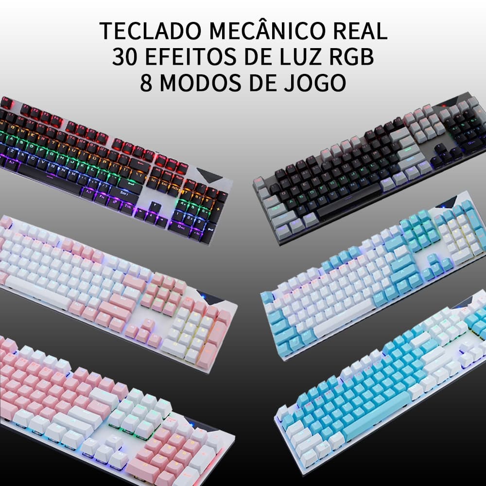 Teclado mecânico verdadeiro Teclado para jogos RGB 30 modos de luz LED alternáveis Modo para jogos Teclas destacáveis