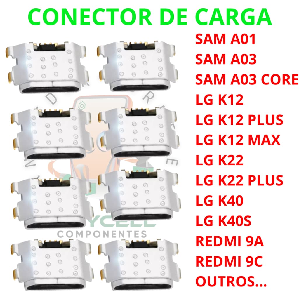 kit 50x 10x conector de carga usb galaxy a01 a03s redmi 9a 9c k12 k40s k22 k12