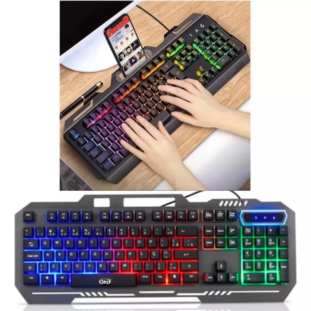 Teclado Com LED RGB Gamer Semi Mecânico Com Base Para Celular