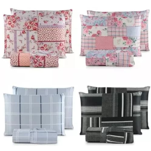 Kit 4 Jogos de Lençol Casal Estampado 3 Peças com Elástico Cores Variadas