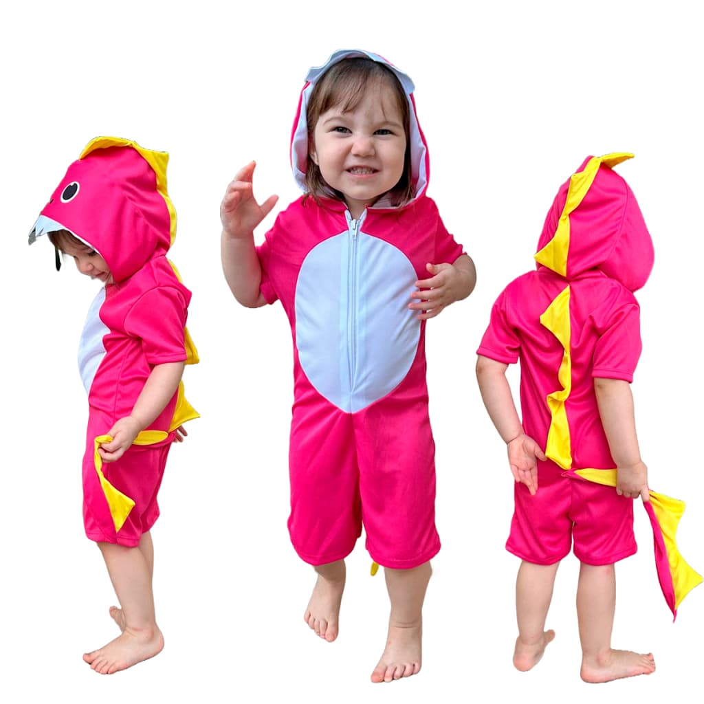 Fantasia Dinossauro Rosa Curto Menina Bebê Temática Pijama Kigurumi Macacão Dino