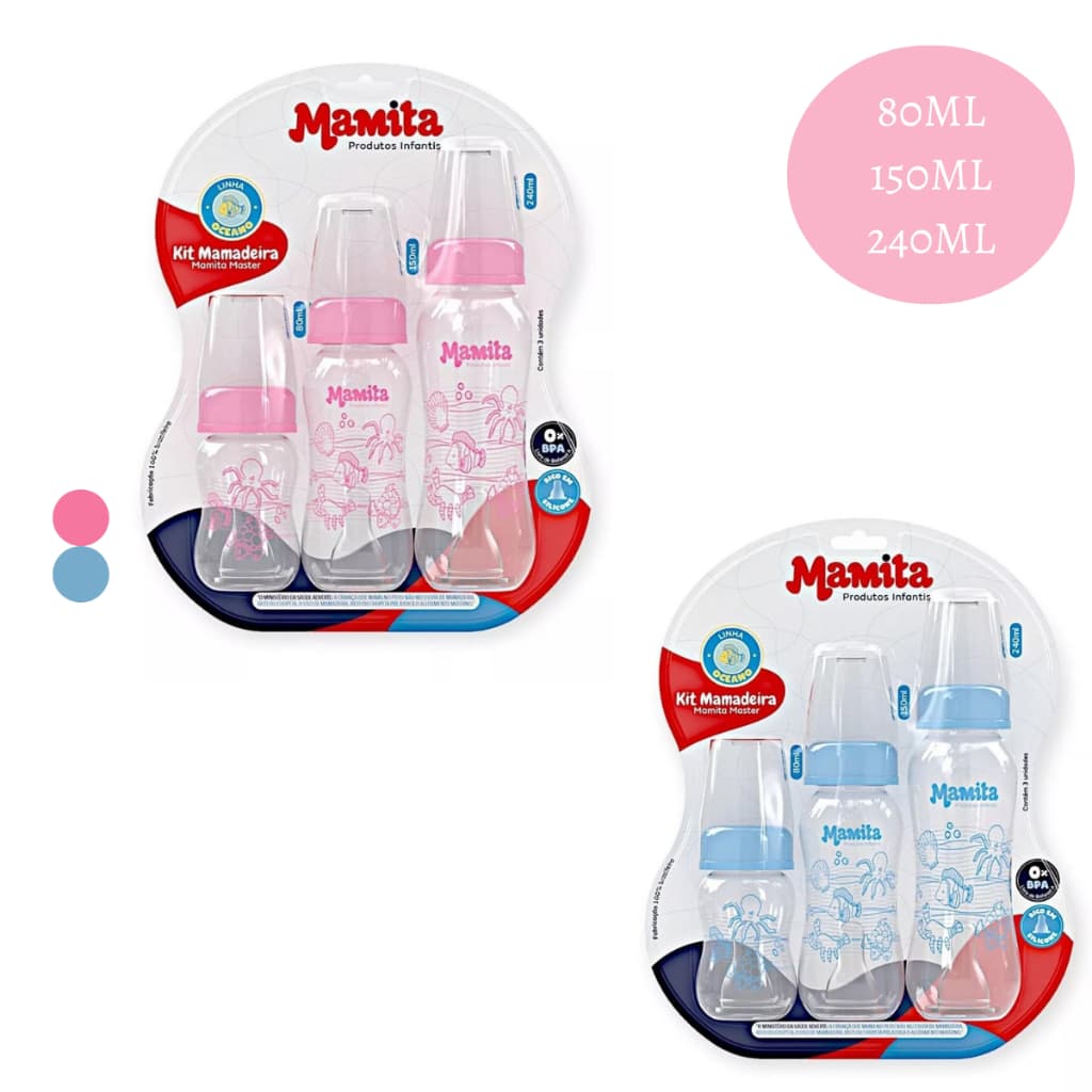 Kit com 3 Mamadeiras Para Bebê Chuquinha Infantil Mamita Mamadeira Blister Azul ou Rosa