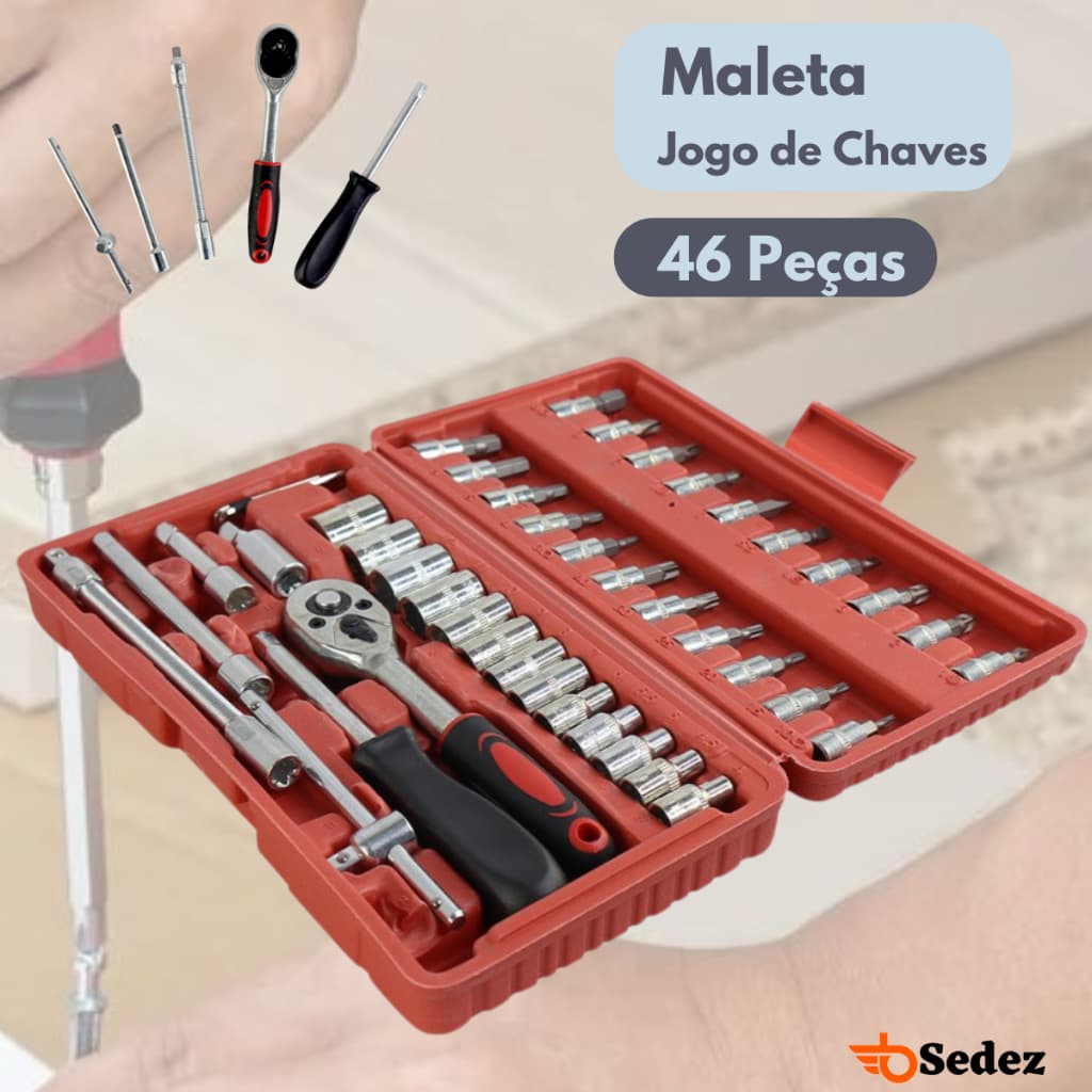 Kit Completo Maleta Jogo de Chaves 46 Peças Conjunto de Ferramentas Chaves Soquetes Bits  Catraca Reversíve