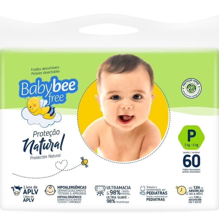 Fralda Descartável Bebê Infantil Proteção Natural BabyBee Free Livre APLV com extrato de AloeVera