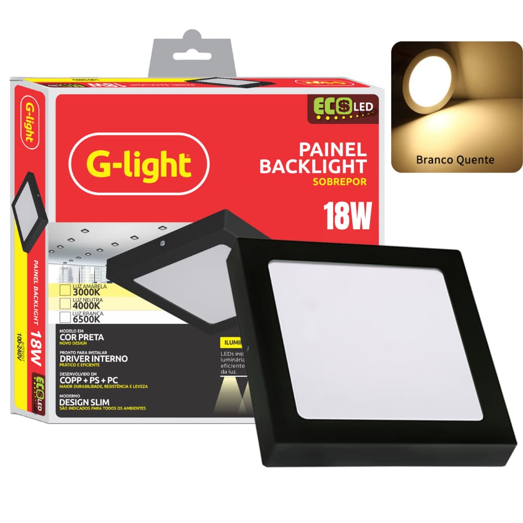 Luminária Painel Plafon Led 18W Preto Branco Quente 3000k Quadrado Sobrepor Bivolt