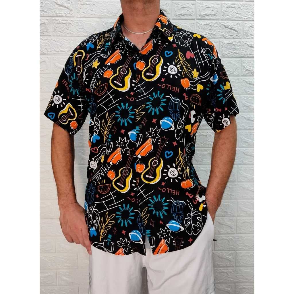 Camisa Masculina Estampada Violão Manga Curta Social Slim