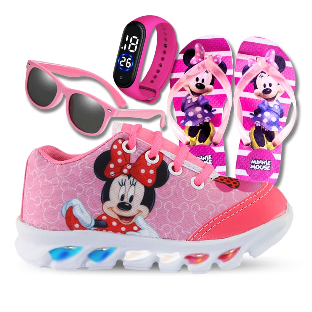 Kit Tênis Minnie Menina Com Led Infantil Passeio Confortável + Chinelo,Relógio e Óculos presente dia das crianças