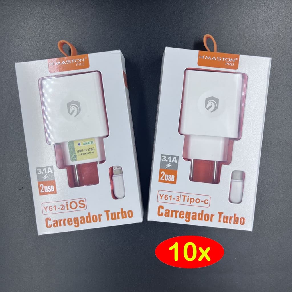 Kit 10pcs Carregador Rápido 2 Usb 4.8A Com Cabo Micro-usb V8 / iPhone / Type-C Hmaston Original