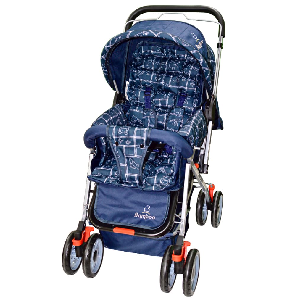 Carrinho Bebê Passeio Reclinável  Berço Alça Reversível com Mosquiteiro Azul Marinho+Bolsa