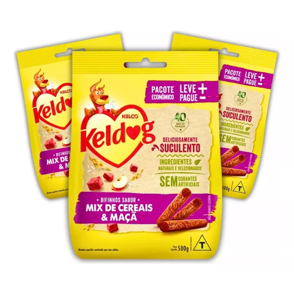 Kit 3 Bifinho Keldog Criadores Sabor Mix de Cereais e Maça P/ Cães 500g