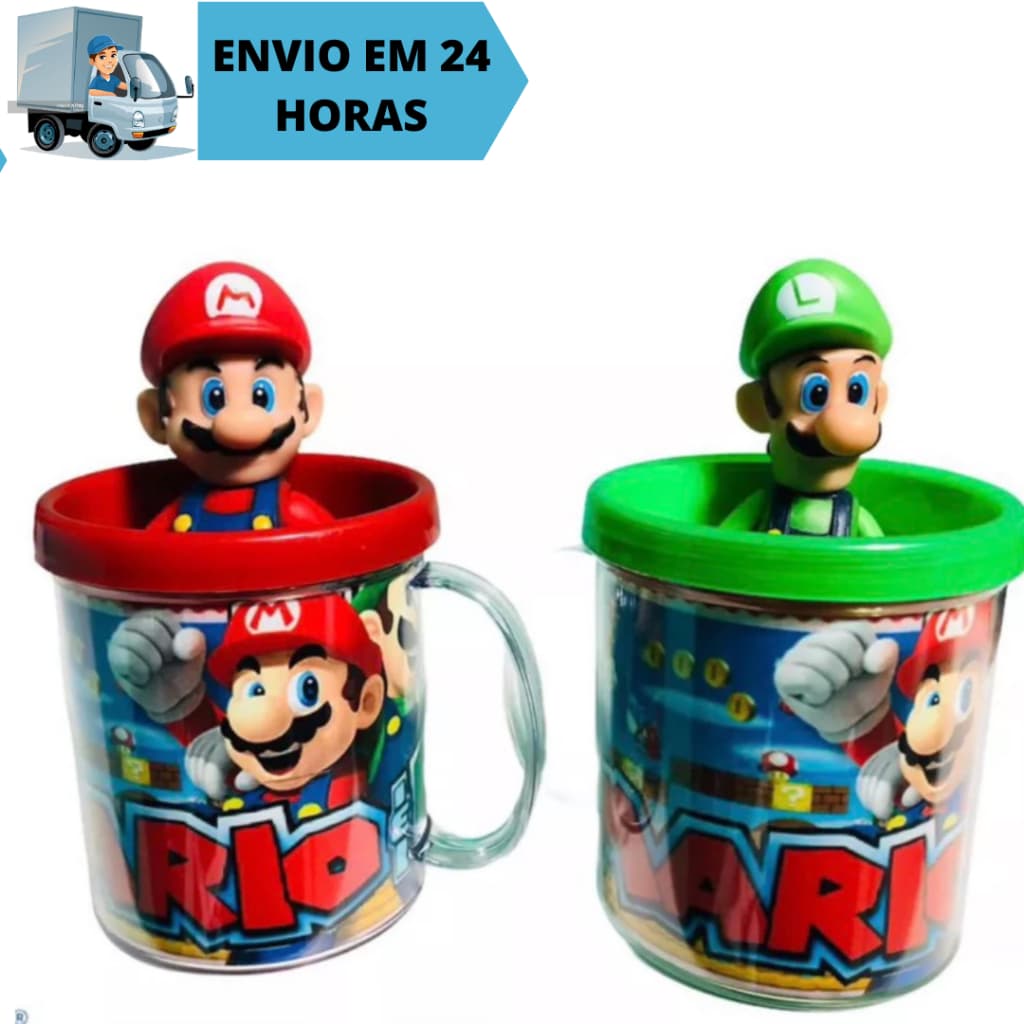 Combo Kit 2 Conjunto Boneco Colecionável Mario E Luigi World Articulado 12cm + Caneca Personalizada 350ml