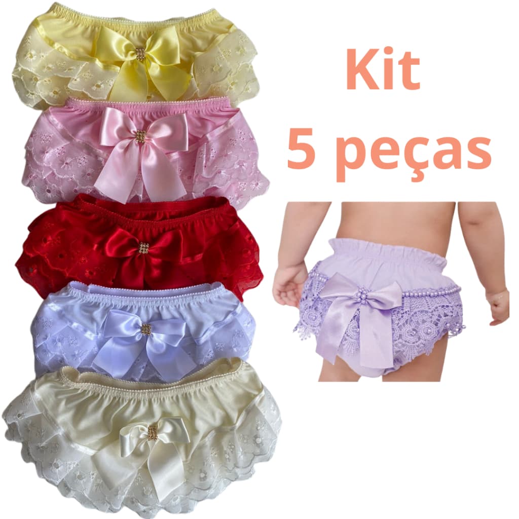 Calcinha Bunda Rica Bebê Kit 5 peças sortidas Tapa fralda infantil Baby Luxo Bebê Luxo