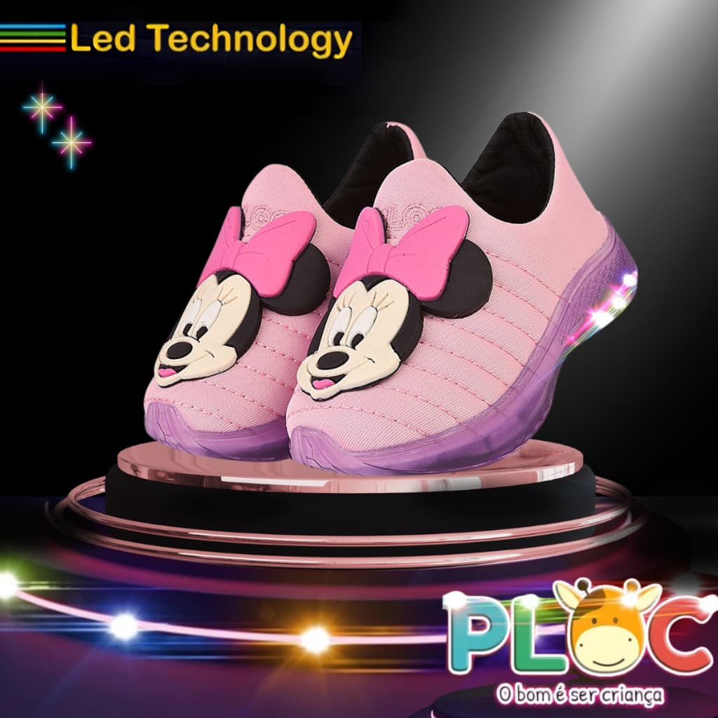 Tênis Led Infantil Luzinha Menina Calce Fácil Confortável Anatômico PLOC LED16 - ROSA MINNIE CARINHA