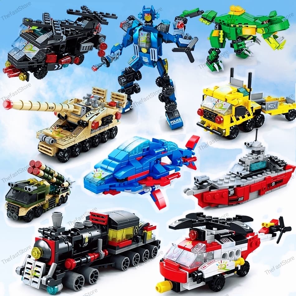 Brinquedo Blocos de Montar 6 em 1 compatível lego bloco, Robô, Trem,Dinossauro, Helicóptero, Presente Natal Dragão Ninja