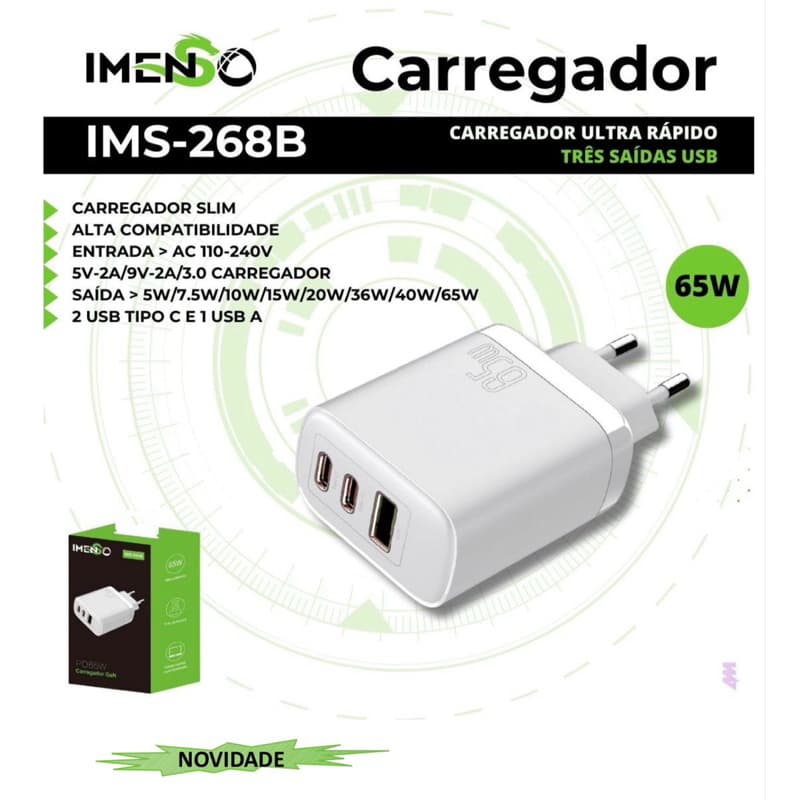 IMS-268B Carregador CARREGADOR ULTRA RÁPIDO TRÊS SAÍDAS USB