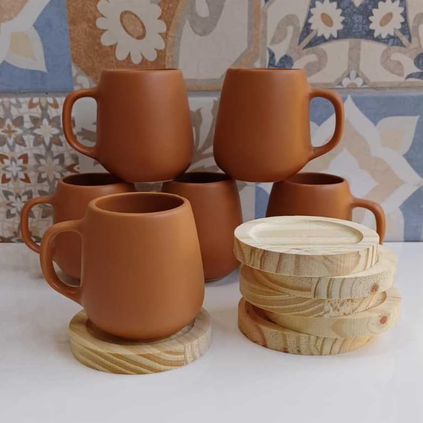 Jogo 6 Xicara Caneca Bojuda 260ml Organica Porcelana Chá Café COM PIRES MADEIRA