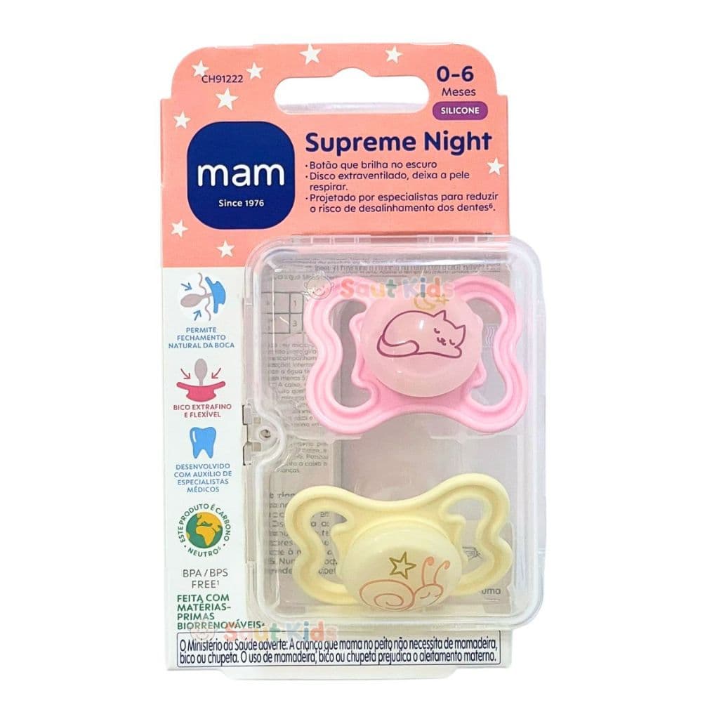 Chupeta MAM Supreme Night 0-6 Meses Dupla Brilha no Escuro Menina Rosa Chupeta de Bebê