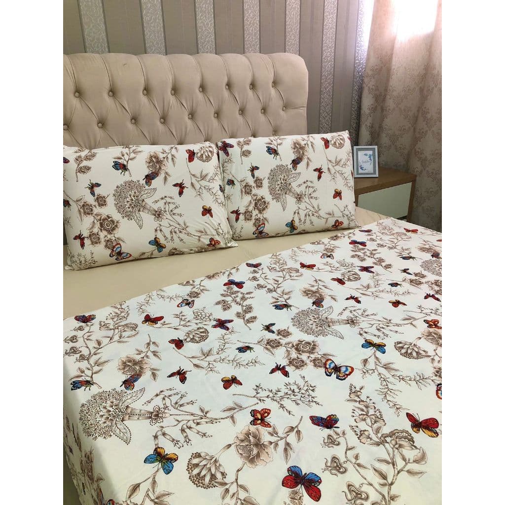 Kit Jogo de Cama Casal Queen 04 Peças Malha 100% Algodão Roupa de Cama Quarto Bege Borboletas