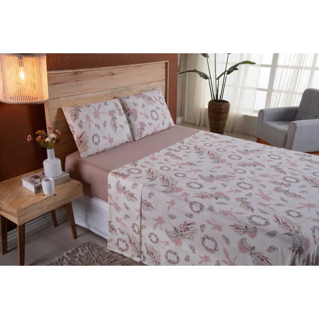 Kit Jogo de Cama Casal Queen 04 Peças Malha 100% Algodão Roupa de Cama Quarto Mandala Rose