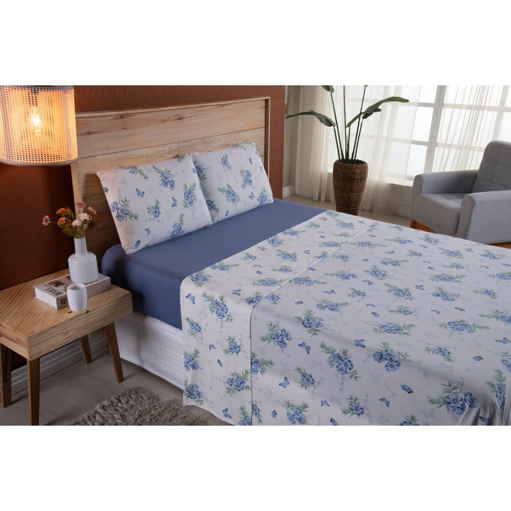 Kit Jogo de Cama Casal Queen 04 Peças Malha 100% Algodão Roupa de Cama Quarto Azul Flores Azul