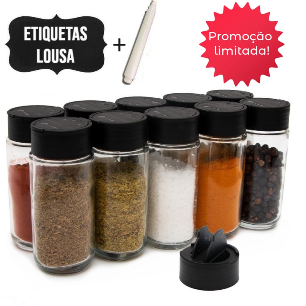 Kit Potes Tempero Cozinha + Caneta + Etiquetas - Condimentos Potes Completo