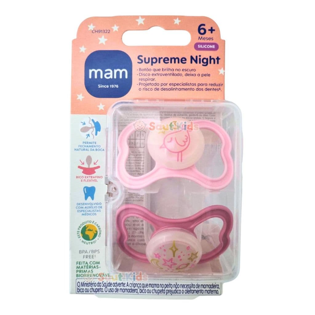 Chupeta MAM Supreme Night +6 Meses Dupla Brilha no Escuro Menina Rosa Chupeta de Bebê