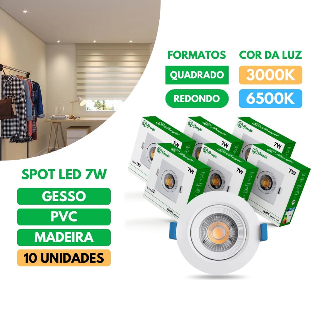 kit 10 Luminária Spot 7W Embutido LED Quadrado Redondo Bivolt Cores Branco Frio Quente 3000K 4000K 6500K TEX INC