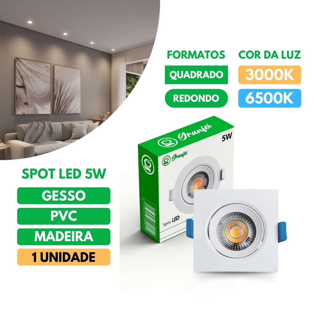Luminária Spot 5W LED Quadrado Redondo Embutido Bivolt Branco Frio Quente Neutro 3000K 4000K 6500K TEX INC