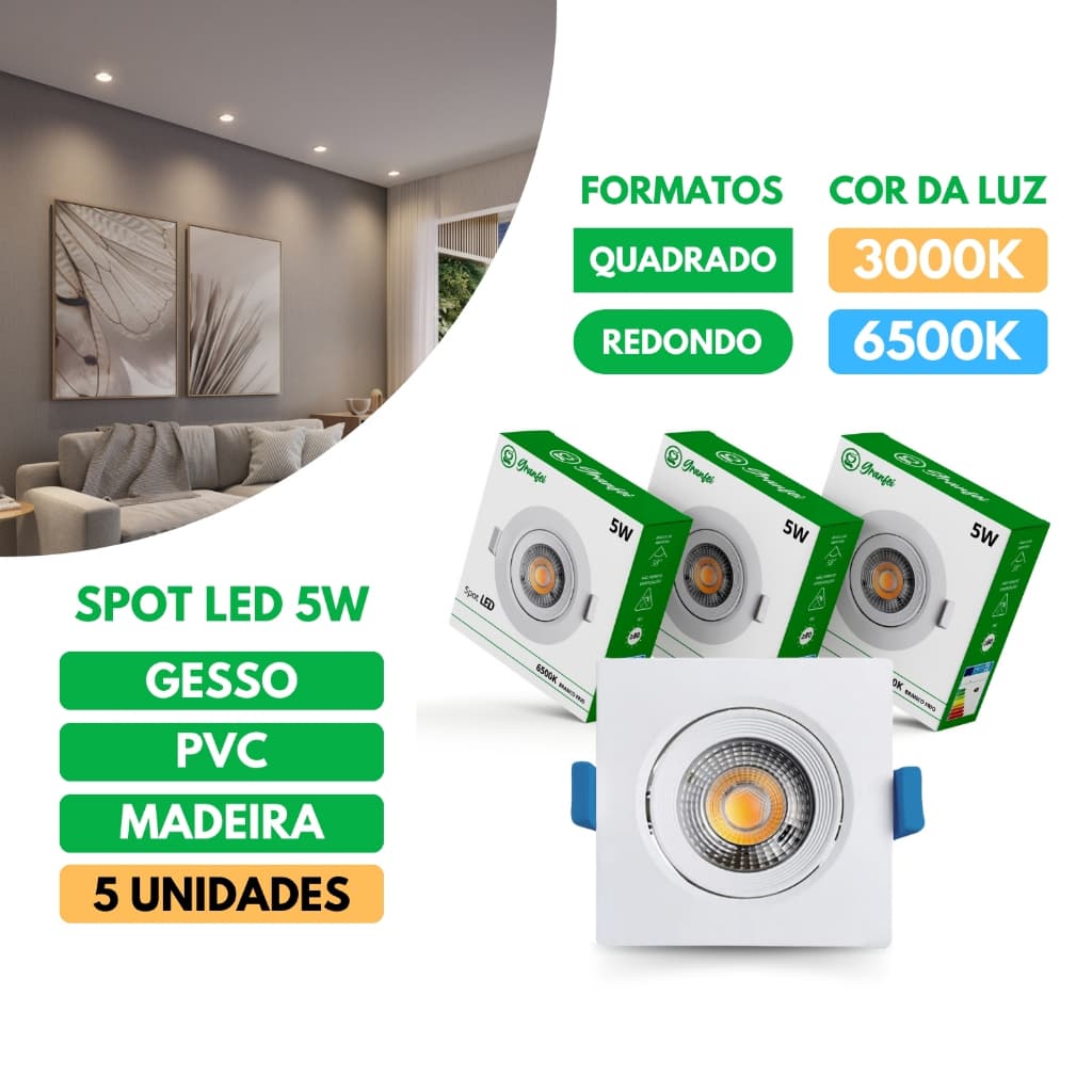 Kit 5 Luminária Led Spot 5W Redondo Quadrado Embutido Branco Frio Quente 3000k 6500k Bivolt