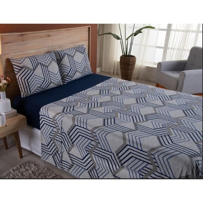 Kit Jogo de Cama Casal Queen 04 Peças Malha 100% Algodão Roupa de Cama Quarto Azul Marinho Zigue Zague