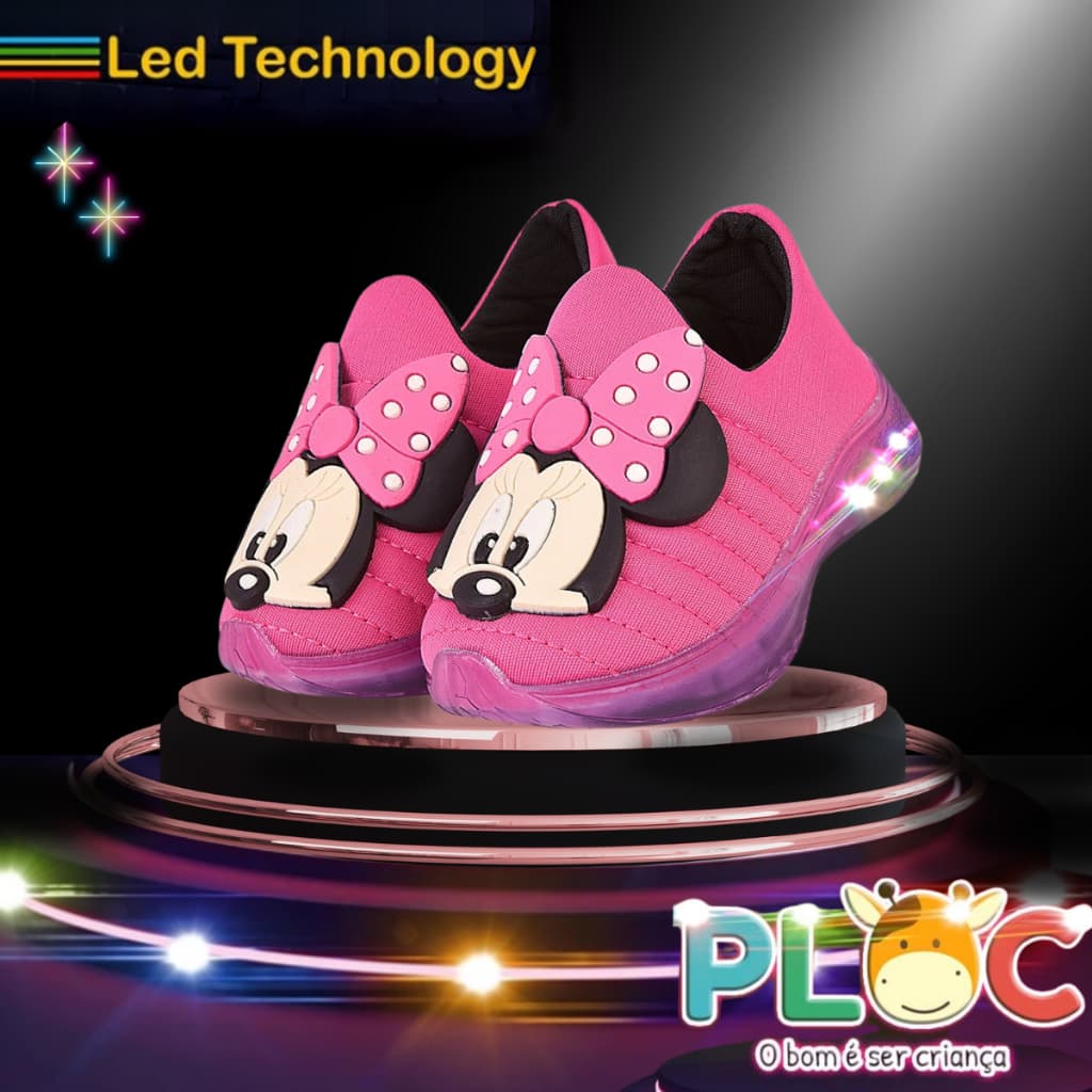 Tênis Led Infantil Luzinha Menina Meia Calce Fácil Leve Flexível Confortável Anatômico PLOC LED03 - PINK MINNIE POA PINK