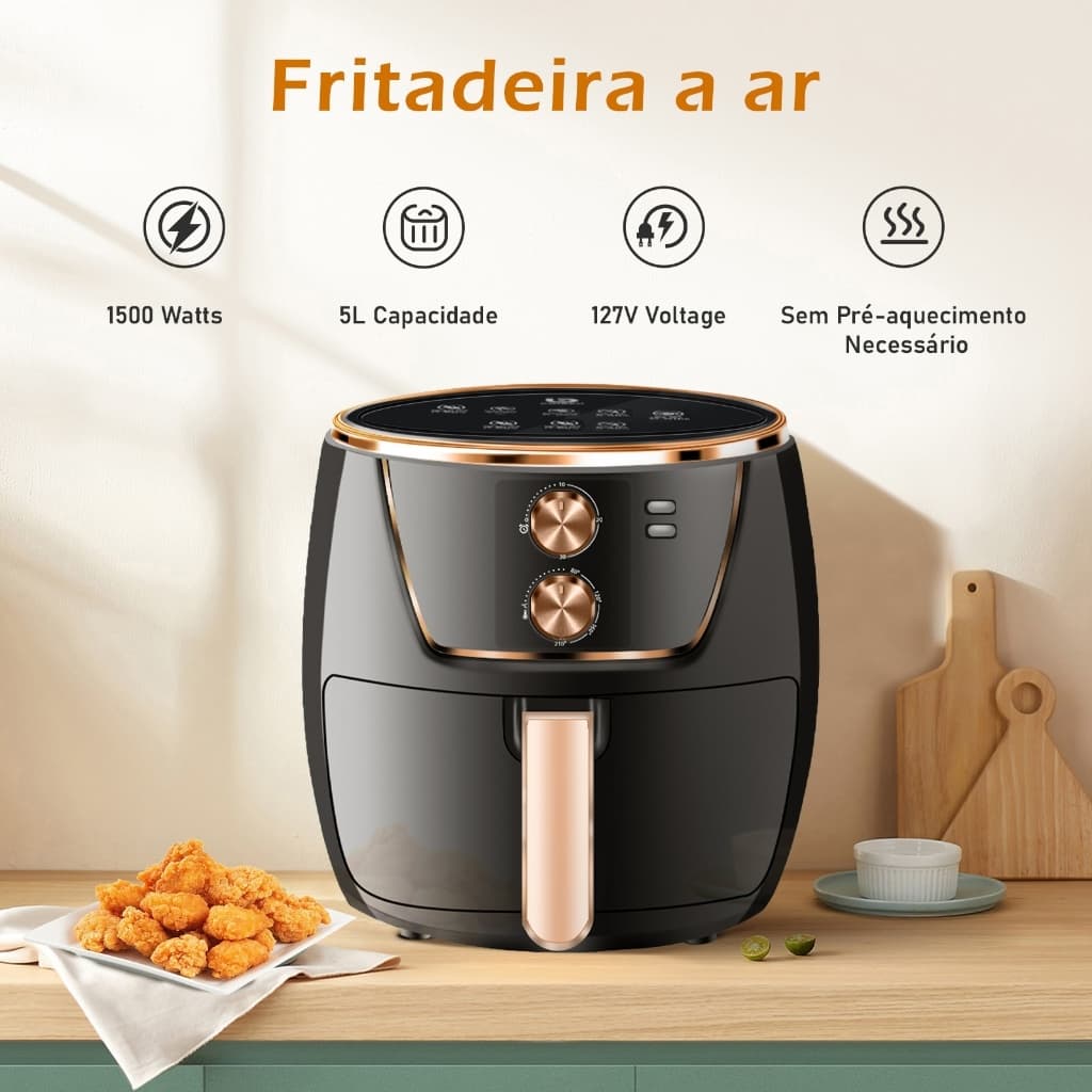 Fritadeira Elétrica sem Óleo 5L Air Fryer Botão de Rodar ou Digital Touch 1500Watts Preto127V