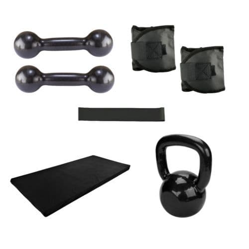 Kit Treino Em Casa Par Halter Peso 3 Kg Emborrachado+Par Caneleira 3 Kg+Kettlebell 4 Kg Agachamento+Colchonete+Elástico