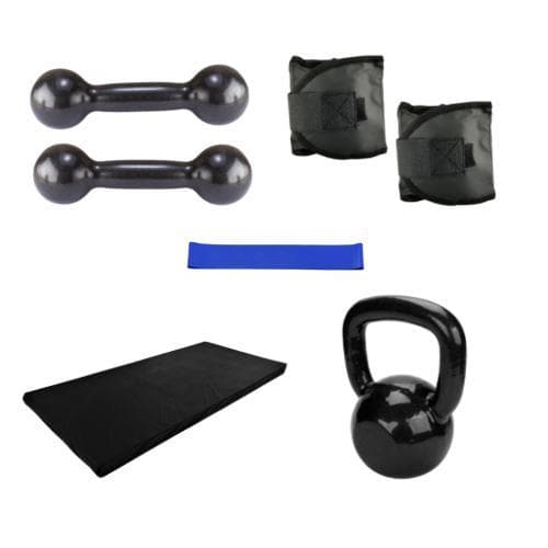 Kit Treino Aeróbico Completo Par Halter 3 Kg Emborrachado + Par Caneleira 3 Kg + Colchonete + Kettlebell6 Kg + Elástico