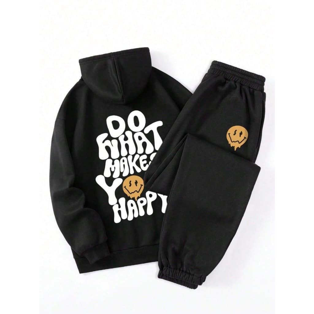 Conjunto Moletom Canguru Flanelado + Calça De Moletom Estampa De Rosto Sorriso Desenho Inverno