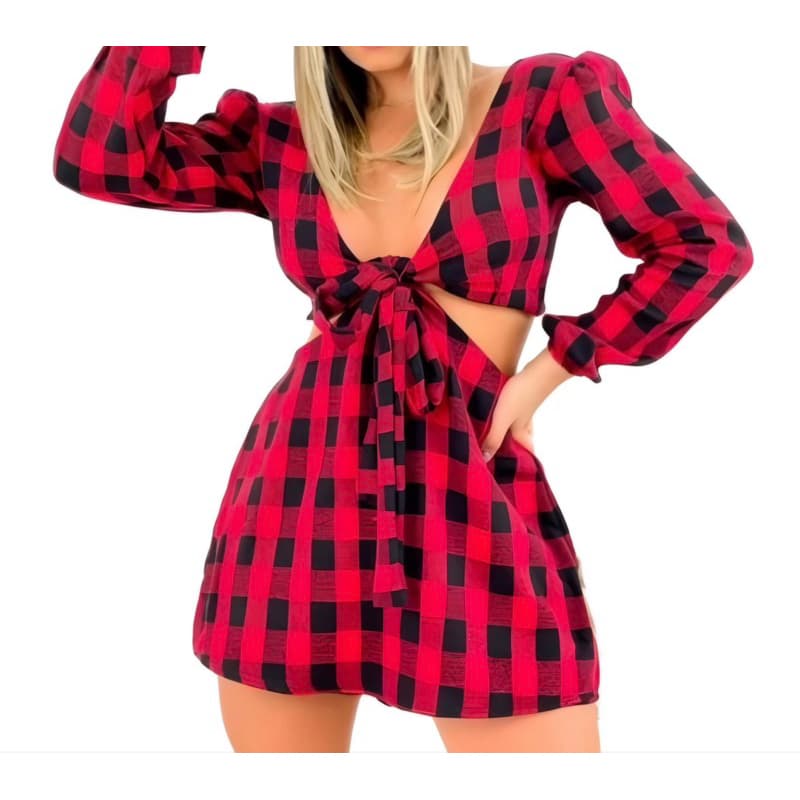 Vestido Feminino  Xadrez Com Amarração de Laço - Vestido Flanelado Festa Junina, São João