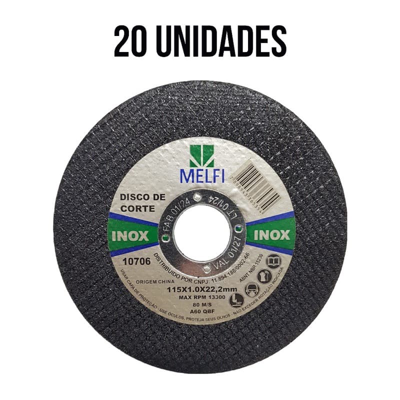 Kit 20 Disco Corte Fino Inox 4.1/2”x1,0mm Melfi Esmerilhadeira