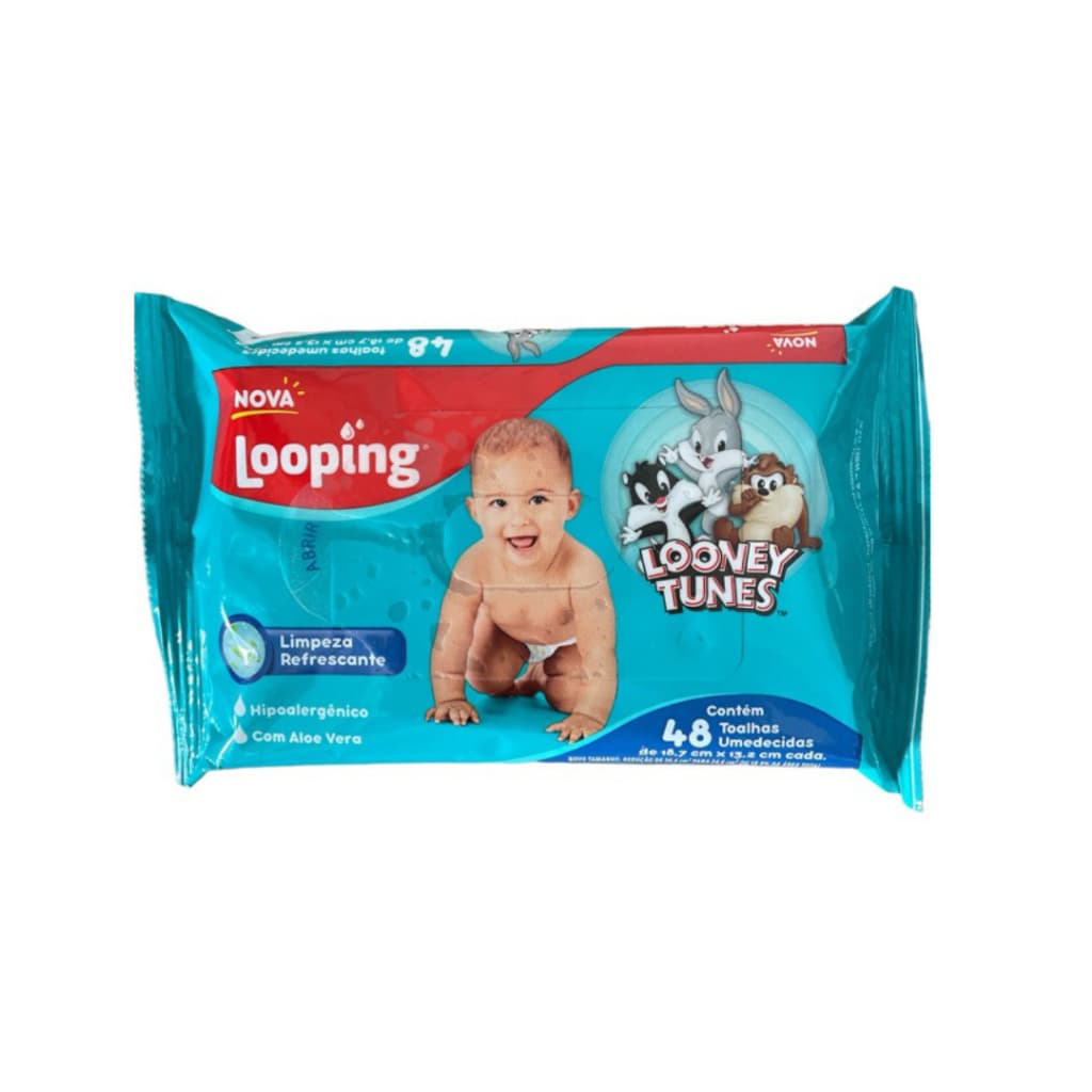 Kit com 3 Toalha Umedecida Looping Looney Tunes pacote com 48