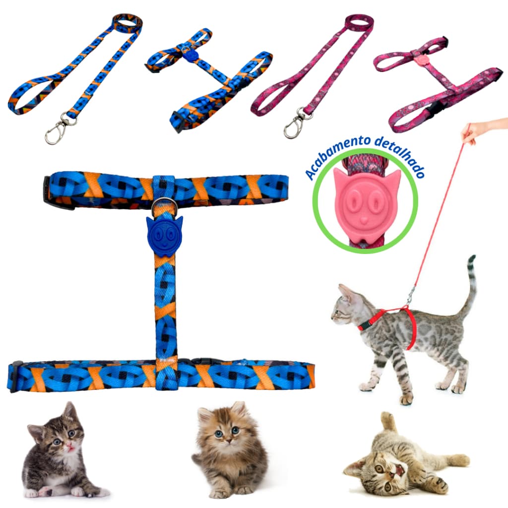 Peitoral regulável com guia para gato passear