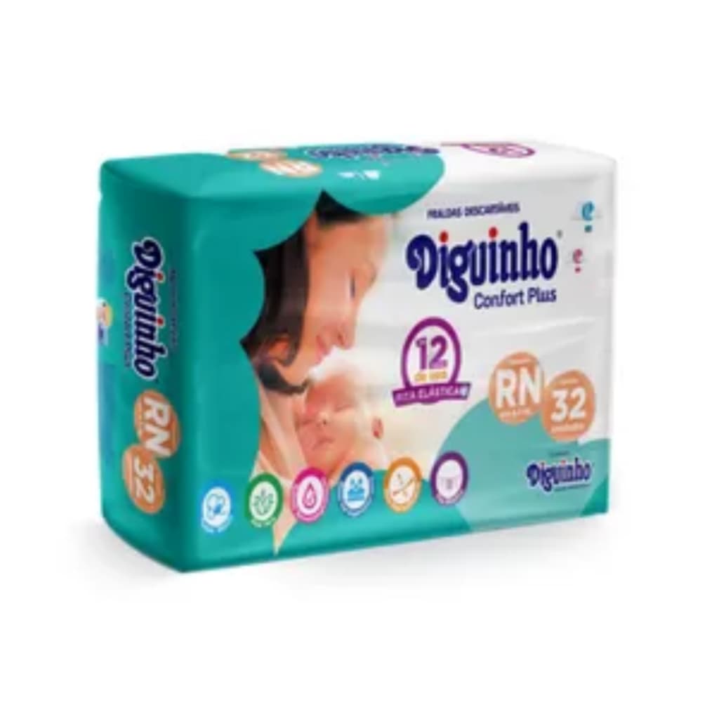 Fralda Diguinho Plus Recém-Nascido (RN) - 32 Unidades com Recorte Umbilical