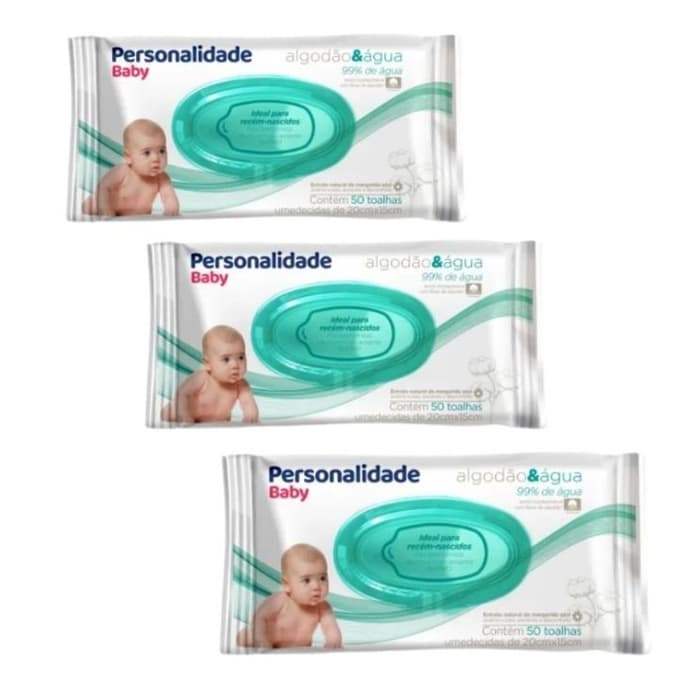 Kit 3 Lenços Umedecidos Personalidade Baby Algodão e Água com 50un