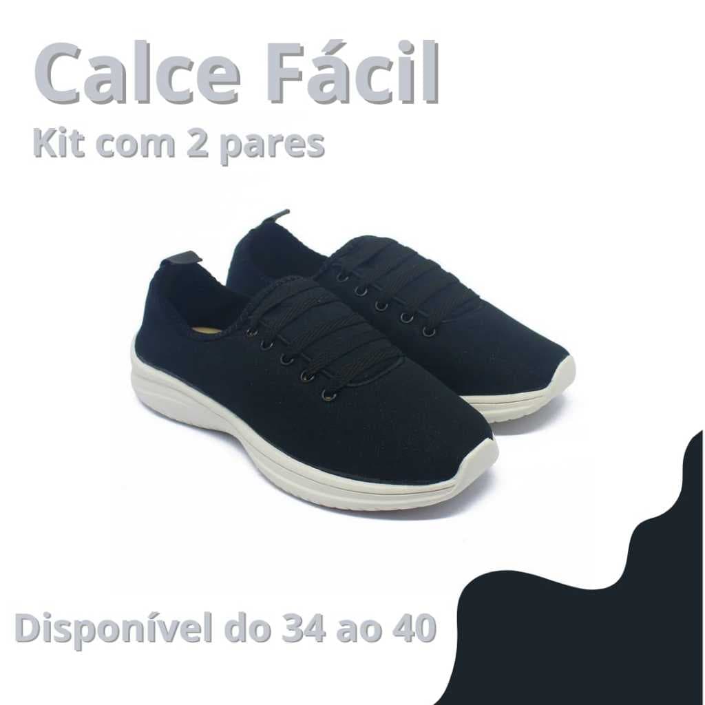 Kit 2 pares tênis feminino calce fácil cadarço falso macio e confortável Bevolo Calçados (kit calce fácil preto + calce fácil preto )
