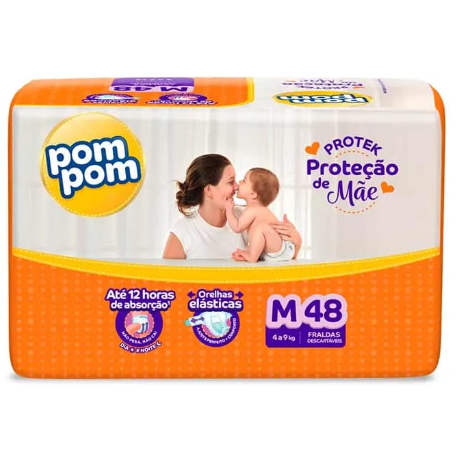 Fralda Pom Pom Derma Protek Tamanho M com 48 Fraldas Descartáveis