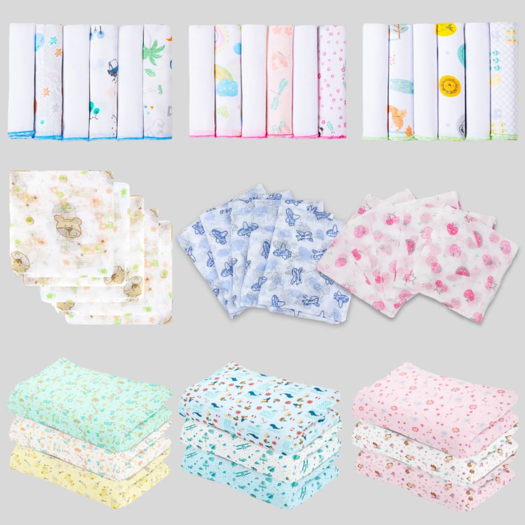 Kit 14 Peças Enxoval Bebê Recém Nascido Completo - 5 Fralda Passeio + 3 Cueiro Grande + 6 Paninhos de Boca - Estampados, Grande, Macio, Confortavel, Kit Maternidade