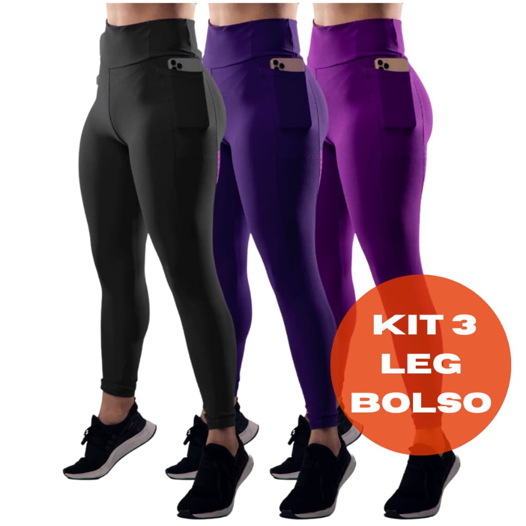 Kit 3 Calça Legging Feminina Cintura Alta Bolso Lateral Suplex Grosso Academia Fitness Sem Transparência