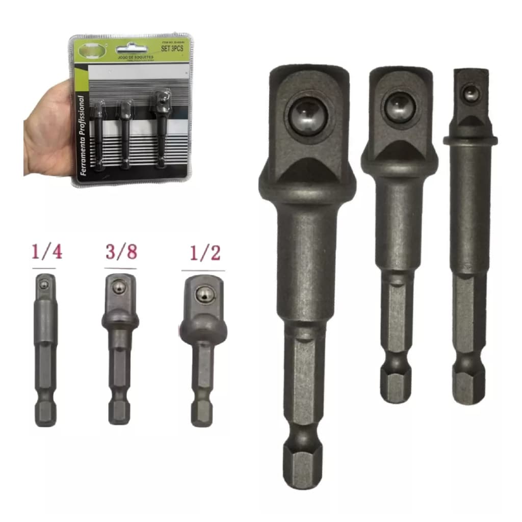 3 Peças Adaptador 65/70mm Soquetes P/ Parafusadeira E Furadeira 1/4-1/2-3/8
