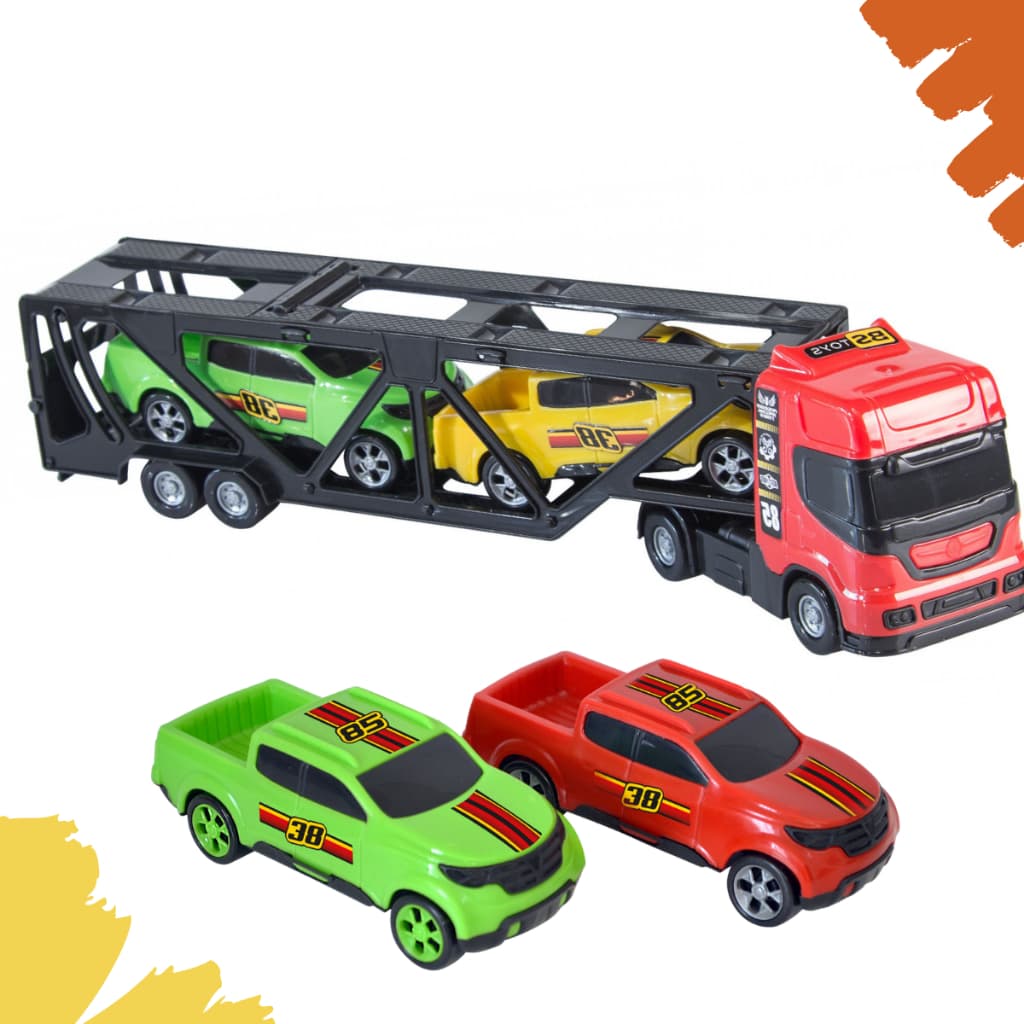 Brinquedo Menino Caminhão Cegonheiro Cegonheira Com Rampa Articulavel + 2 Carrinhos Infantil Criança