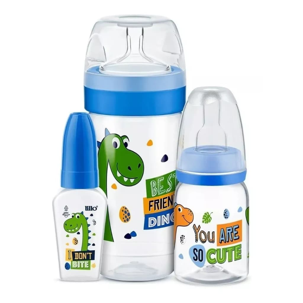 Kit 3 Mamadeiras Evolution Magia Azul Dinossauro 50/120/300ml - Lillo