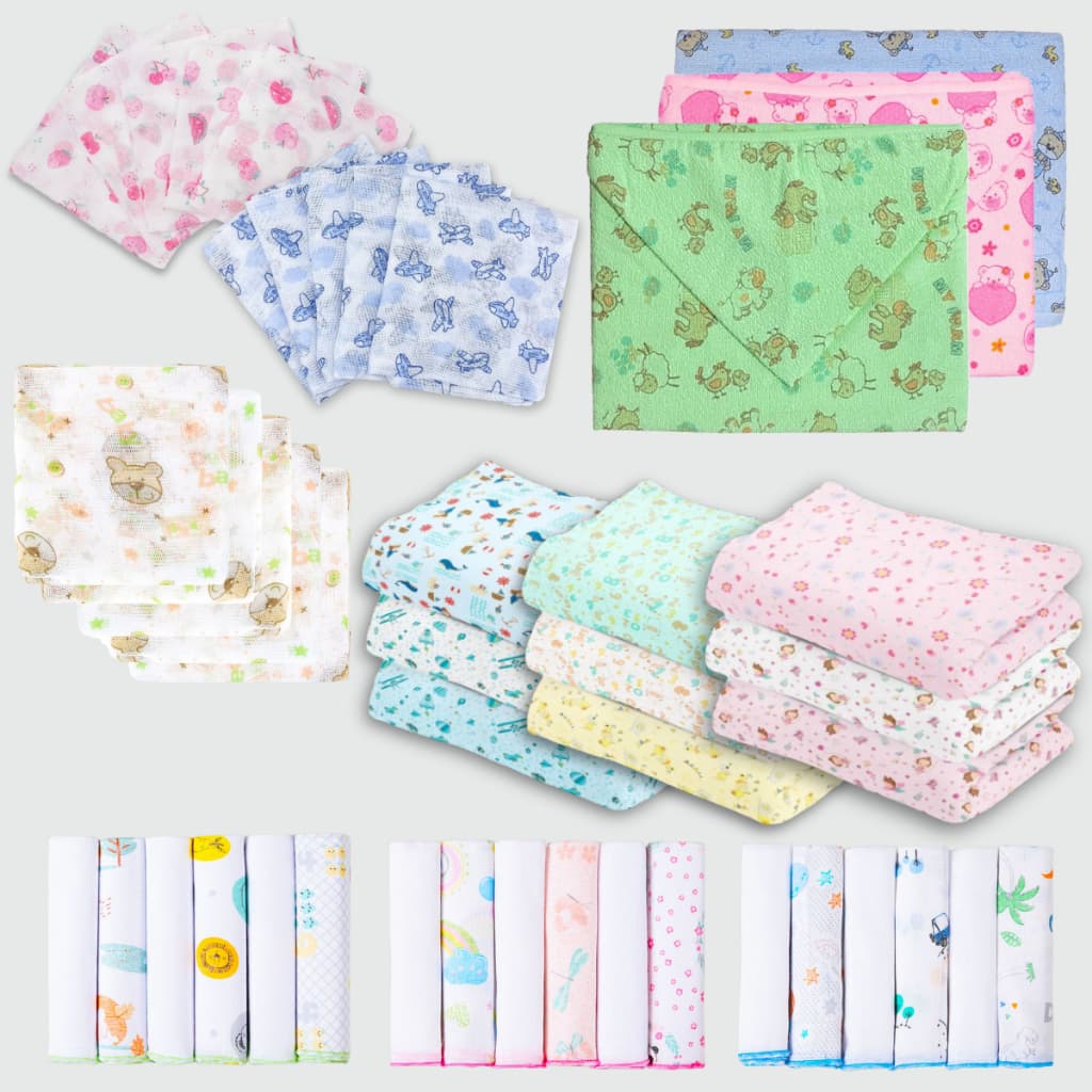 Kit 15 Peças Enxoval Bebê Recém Nascido Completo - 5 Fralda Passeio + 3 Cueiro + 6 Paninhos de Boca + 1 Toalha de Banho